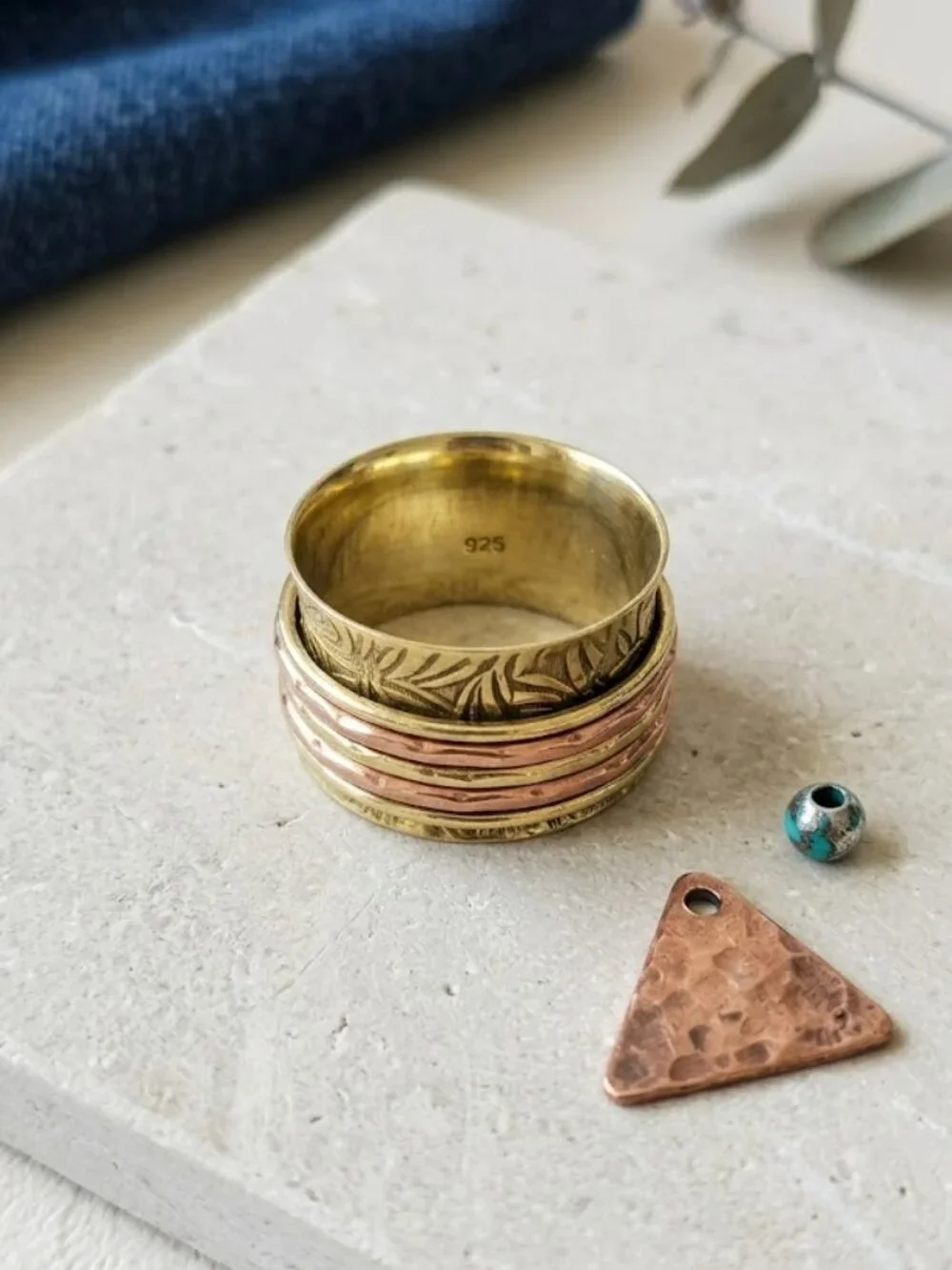 925 Sterling Silver Spinner Ring Gold Copper Meditation Fidget Boho Handmade 7